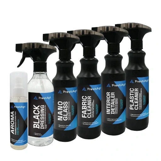 PrestiAgri Čištění a péče o interiér - sada (1x Plastic Cleaner 500 ml, 1x Interior Detailer 500 ml, 1x Fabric Cleaner 500 ml, 1x Nano Glass 500 ml, 1x Black Dressing 500 ml, 1x Aroma Jarní tanec 120 ml)