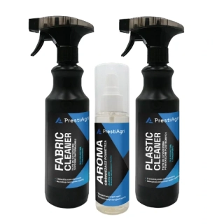 PrestiAgri Osvěžení interiéru - sada (1x Plastic Cleaner 500 ml, 1x Fabric Cleaner 500 ml, 1x Aroma Zlaté dny 120 ml)