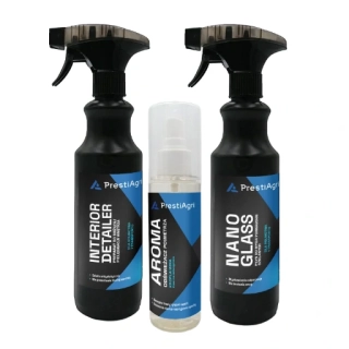 PrestiAgri Péče o interiér - sada (1x Interior Detailer 500 ml, 1x Nano Glass 500 ml, 1x Aroma Vinná kapka 120 ml)